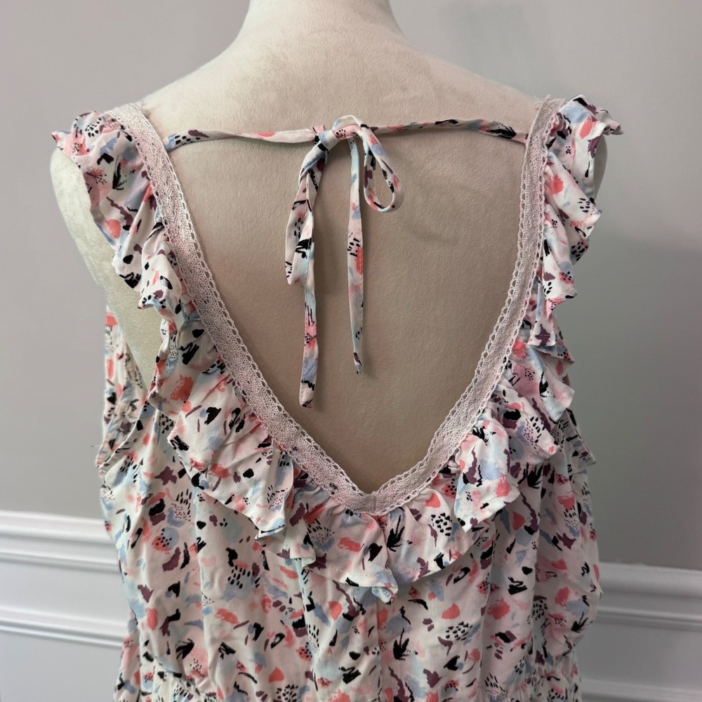 Abstract Print Y2K Ruffle Lace Trim Babydoll Empire Waist Top Pink 2 - Picture 8 of 14